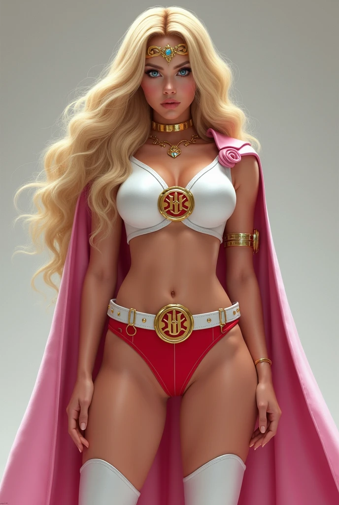 A SEXY LARGE BREASTED YOUNG BLONDE SHE RA WITH BLUE EYES WEARING A WHITE V SHE-RA BLOUSE WITH A LARGE SHE-RA EMBLEM ON THE HER CHEST, SHE-RA TIARA, A PAIR OF RED LEATHER SHORTS WITH A WHITE LEATHER BELT, TALL WHITE HEELED BOOTS, AND A LONG PINK CAPE. FULL SHE-RA ACCESSORIES, PHOTO REALISTIC, HYPER DETAILED AND TEXTURES