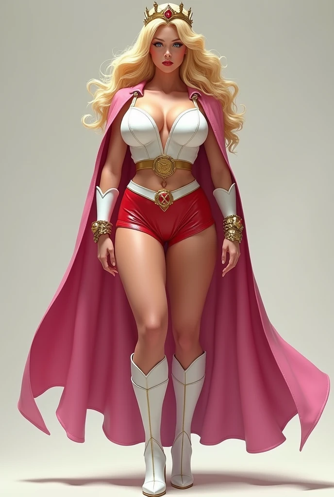 A SEXY LARGE BREASTED YOUNG BLONDE SHE RA WITH BLUE EYES WEARING A WHITE V SHE-RA BLOUSE WITH A LARGE SHE-RA EMBLEM ON THE HER CHEST, SHE-RA TIARA, A PAIR OF RED LEATHER SHORTS WITH A WHITE LEATHER BELT, TALL WHITE HEELED BOOTS, AND A LONG PINK CAPE. FULL SHE-RA ACCESSORIES, PHOTO REALISTIC, HYPER DETAILED AND TEXTURES