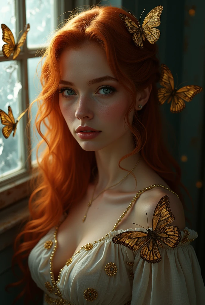 (solo, full body photo:1.3), (action packed:1.3), (haze, fog, mist:1.3), chiaroscuro, best quality, photorealistic, 1woman, (cute), (24yo:1.2), redhead, long ginger hair highly detailed, 1700'S, digital photography, art by artgerm and ruan jia and greg rutkowski surreal painting gold butterfly filigree, broken glass, (masterpiece, sidelighting, finely detailed Fashionable eyes: 1.2) (perfect oval large eyes that gazes at the viewer), beautiful detailed face, blue gorgeous perfect eyes, (blonde hair ponytail), (attractive young woman:1.3), (thick amazing hair), (seductive:1.1), (blushing:1.1)
