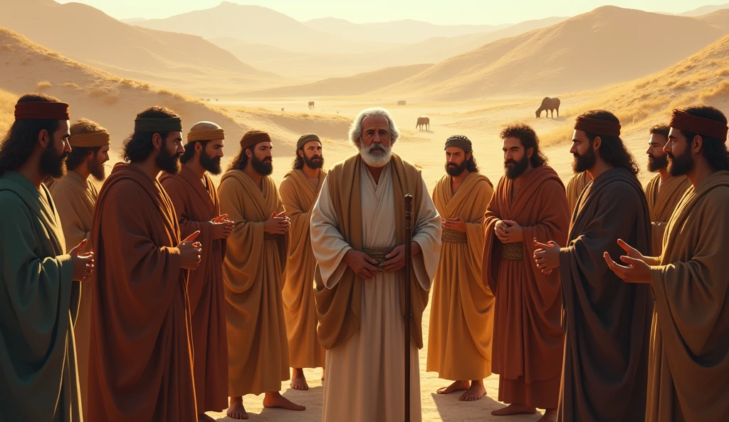 The scene shows the beginning of the lineage of the Children of Israel, where Jacob (Israel) appears with his twelve sons. 