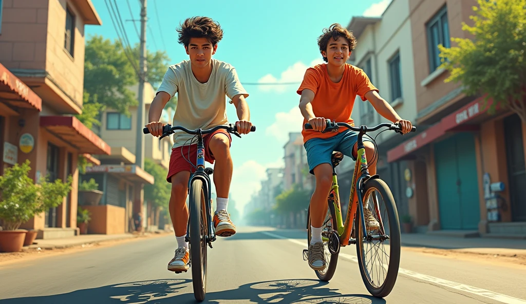Sunny and the narrator on their bikes: Two young men, Sunny and the narrator, riding their bikes joyfully through the city streets of Latur.