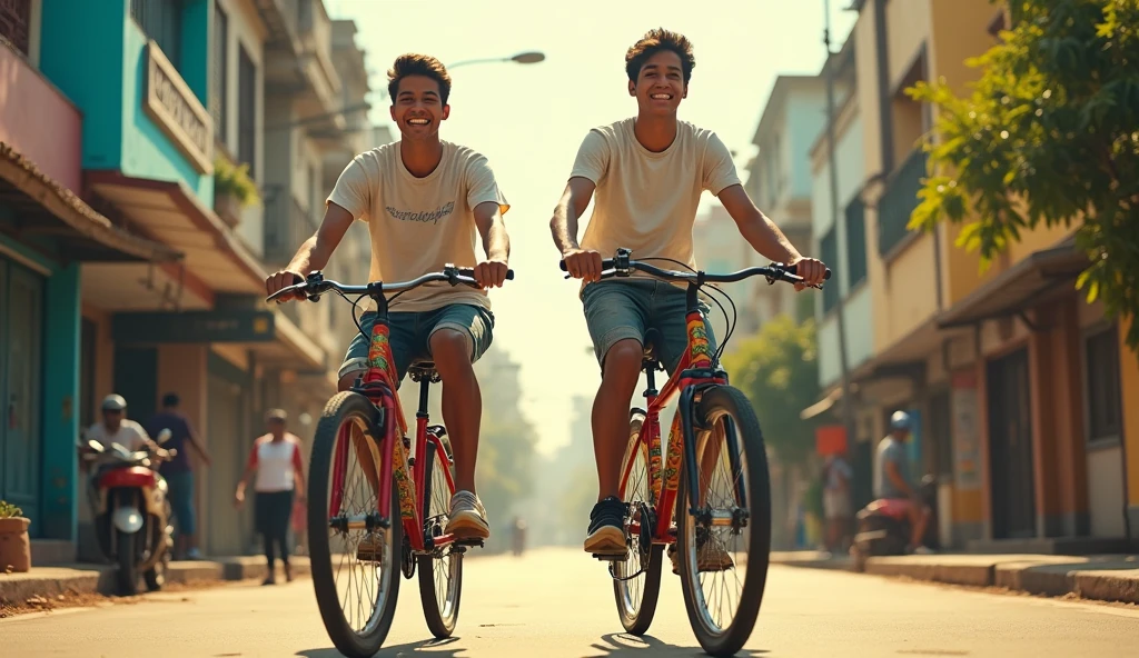 Sunny and the narrator on their bikes: Two young men, Sunny and the narrator, riding their bikes joyfully through the city streets of Latur.