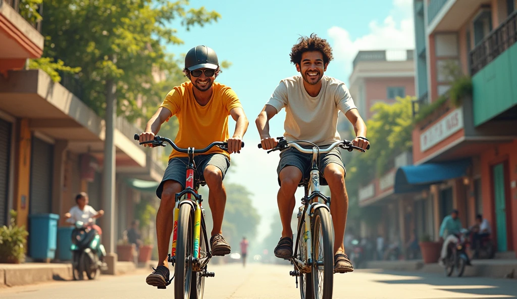 Sunny and the narrator on their bikes: Two young men, Sunny and the narrator, riding their bikes joyfully through the city streets of Latur.