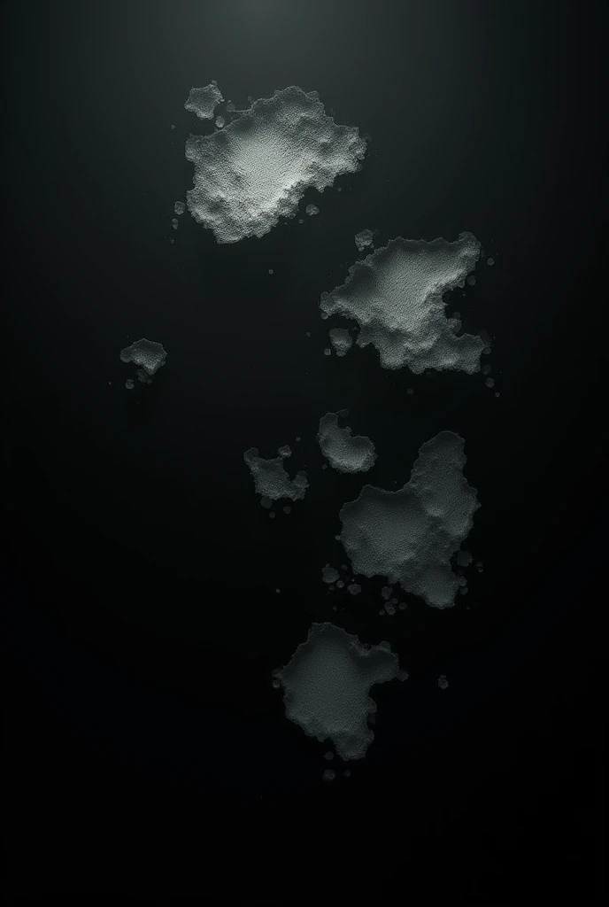 Create an image of a black background with irregular white patches that have a dark, mysterious aesthetic. The white patches should have a rough, textured appearance, blending softly at the edges to create a moody, abstract effect. The contrast between the dark black and the muted white should evoke a sense of depth and intrigue, with the white patches appearing almost like shadows or clouds against the black. The overall feel should be dark, subtle, and atmospheric.