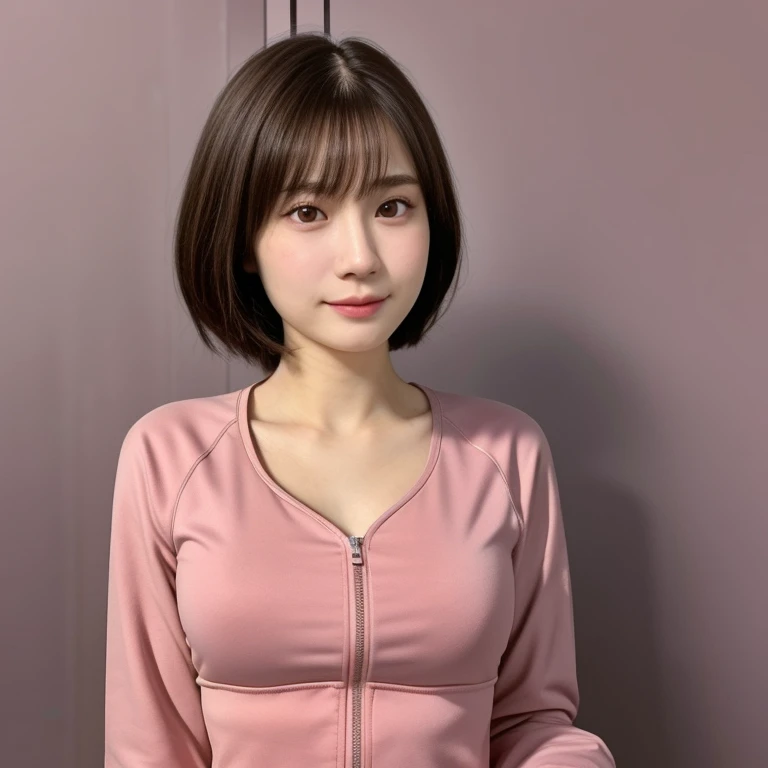 (kawaii 24 year-old Japanese girl, Nogizaka idol, Korean idol), healthy female athlete body, (glossy brown hair, short hair, pixie cut, bangs:1.3), (rounded face, beautiful black eyes, single eyelid, no makeup:1.2), (empty eyes, looking at away, sigh:1.4), (wearing light pink track jacket, sweat jogger pants:1.3), perfect shaped extra small breasts, BREAK, (track and field background:1.2), (dynamic angle, upper body shot:1.2),  BREAK, (masterpiece, best quality, photo realistic, official art:1.4), (UHD, 8K quality wallpaper, high resolution, raw photo, golden ratio:1.3), (shiny skin), professional lighting, physically based rendering, award winning, (highly detailed skin, extremely detailed face and eyes), Carl Zeiss 85 mm F/1.4, depth of field, 1girl, solo,