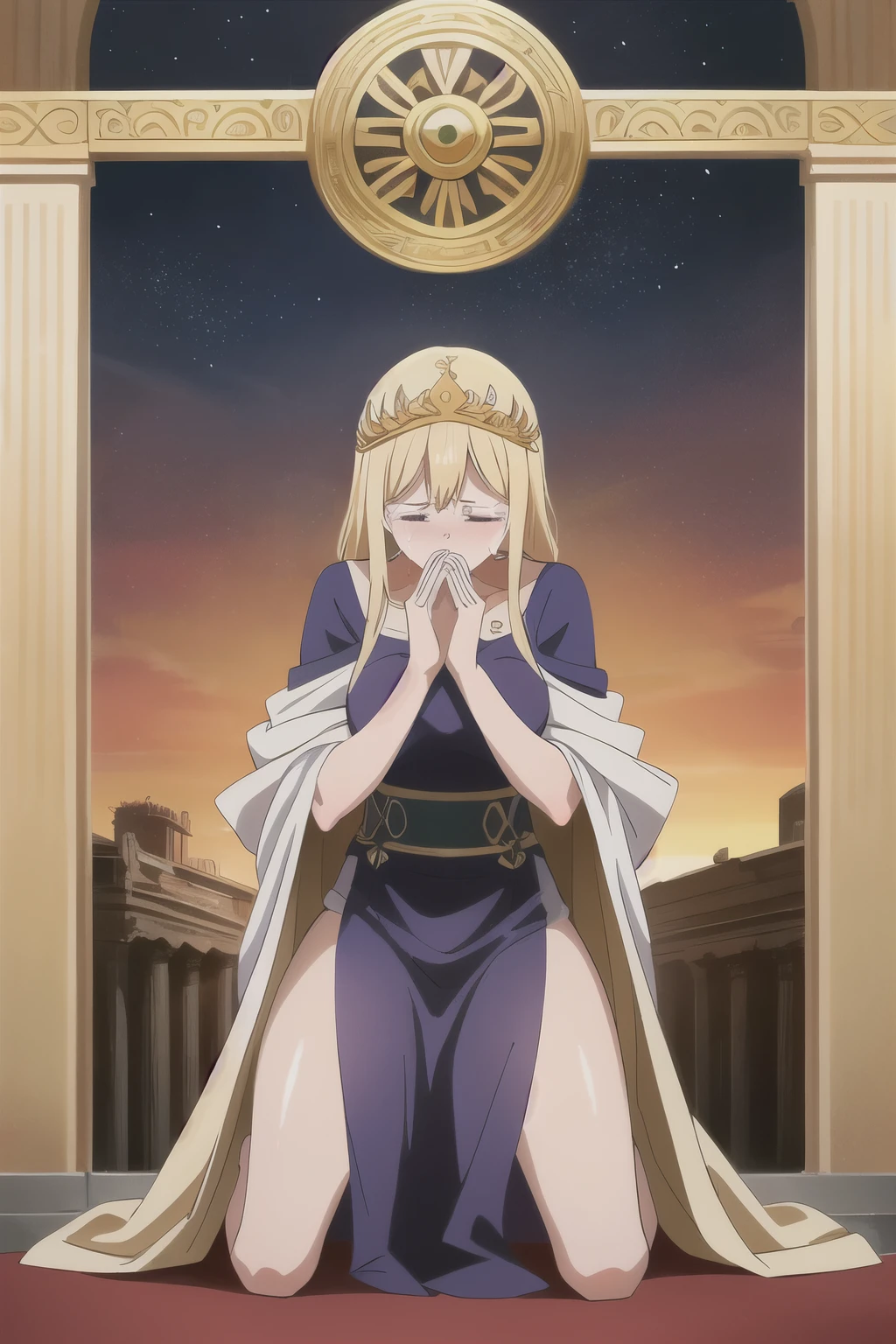 Ancient Greece, (アニメ), Queen of Thebes, praying and crying, hair blonde, kneeling, Adult woman in her 30s.