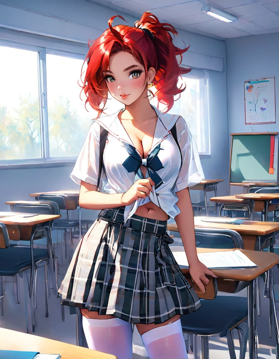 a beautiful 20 year old red haired woman with big messy hair, side ponytail, in a short plaid skirt, white stockings, transparent white dress shirt tied up in a knot, cleavage, navel, classroom setting, rossdraws cartoon vibrant, cute detailed digital art, colorfull digital fantasy art, digital fantasy art ), glossy digital painting, rossdraws pastel vibrant, rossdraws 2. 5, rossdraws 1. 0