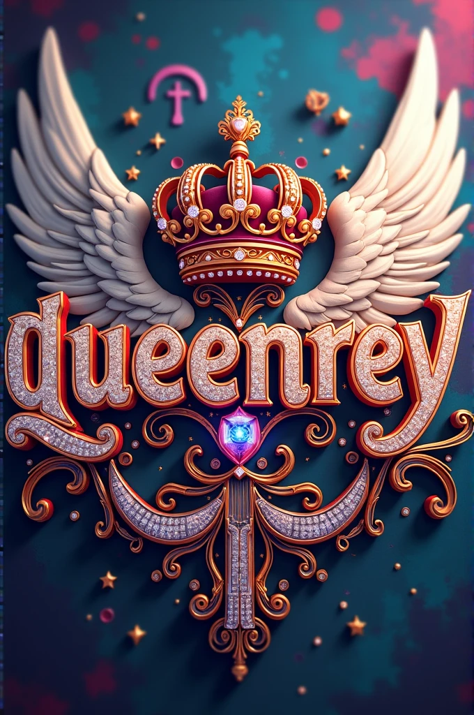 Elegant 3D typography with the name. "Queenrey"with an elegant crown and fine diamonds with sparkles of bright colors and angel wings, photo, typography, vibrantv0.1, graffiti, illustration, photo, product, fashion, poster