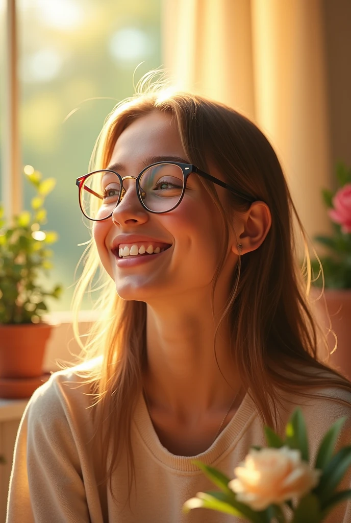 A girl with glasses who suffered from thyroid cancer and is now happy because her illness has disappeared 