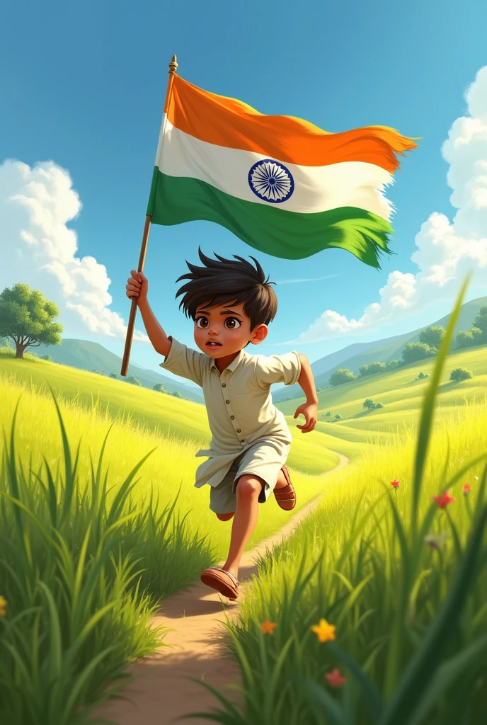 A Muslim Indian boy running in the fields holding the Indian flag in his hand