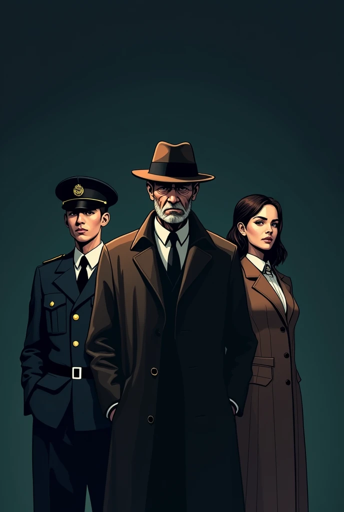 Imagine a minimalist comic book cover with a dark, moody background that highlights the three main characters. At the center stands a 50-year-old inspector, with a serious and experienced look. He wears a distinctive detective coat and hat, with wrinkles on his face that suggest years of service.

To his left is a 2 young inspector, dressed in a neat police uniform. His expression reflects youthful determination and focus, as well as a readiness to prove himself in tough situations.

On the right side stands a beautiful young woman, dressed modestly but stylishly. Her attire is elegant, with subtle details that emphasize her charm, and her posture exudes confidence.

The entire scene is framed in a minimalist style, with emphasized lines and subdued colors that enhance the sense of mystery and tension. The background is simple and dark, allowing the characters to stand out as the central focus of the illustration.