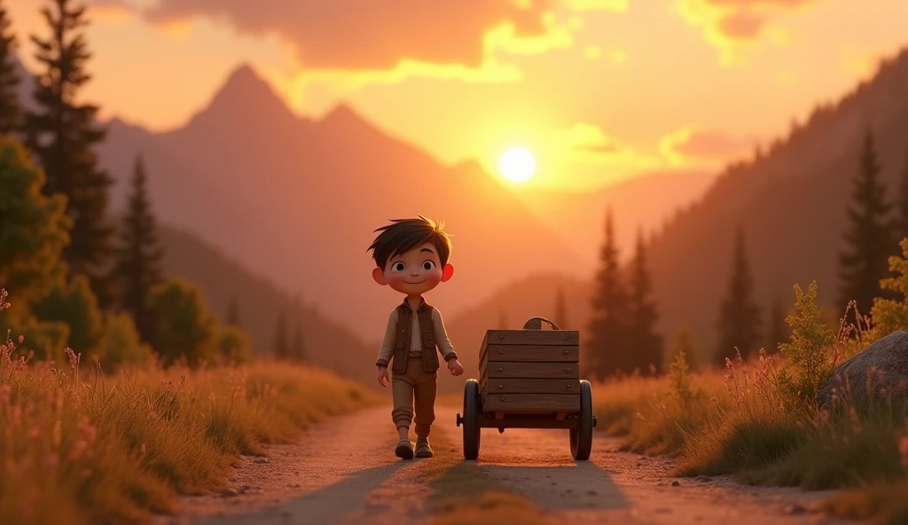 ((8k)), ((best qualityer)), ((work of art)), (detailded), ((child)), After a successful day at the fair, Samuel a child está voltando para sua vila nas montanhas, with the lightest cart, but with a heart full of joy. The sunset creates an orange and golden sky, as he follows the dirt road. Ao fundo, the mountains are illuminated by the soft glow of dusk. Samuel has a serene smile on his face, reflecting the satisfaction of having overcome challenges and found beauty in difficulties. Disney Pixar's 3D style highlights the serenity of the moment, with warm, soft colors that create a sense of completion and peace.