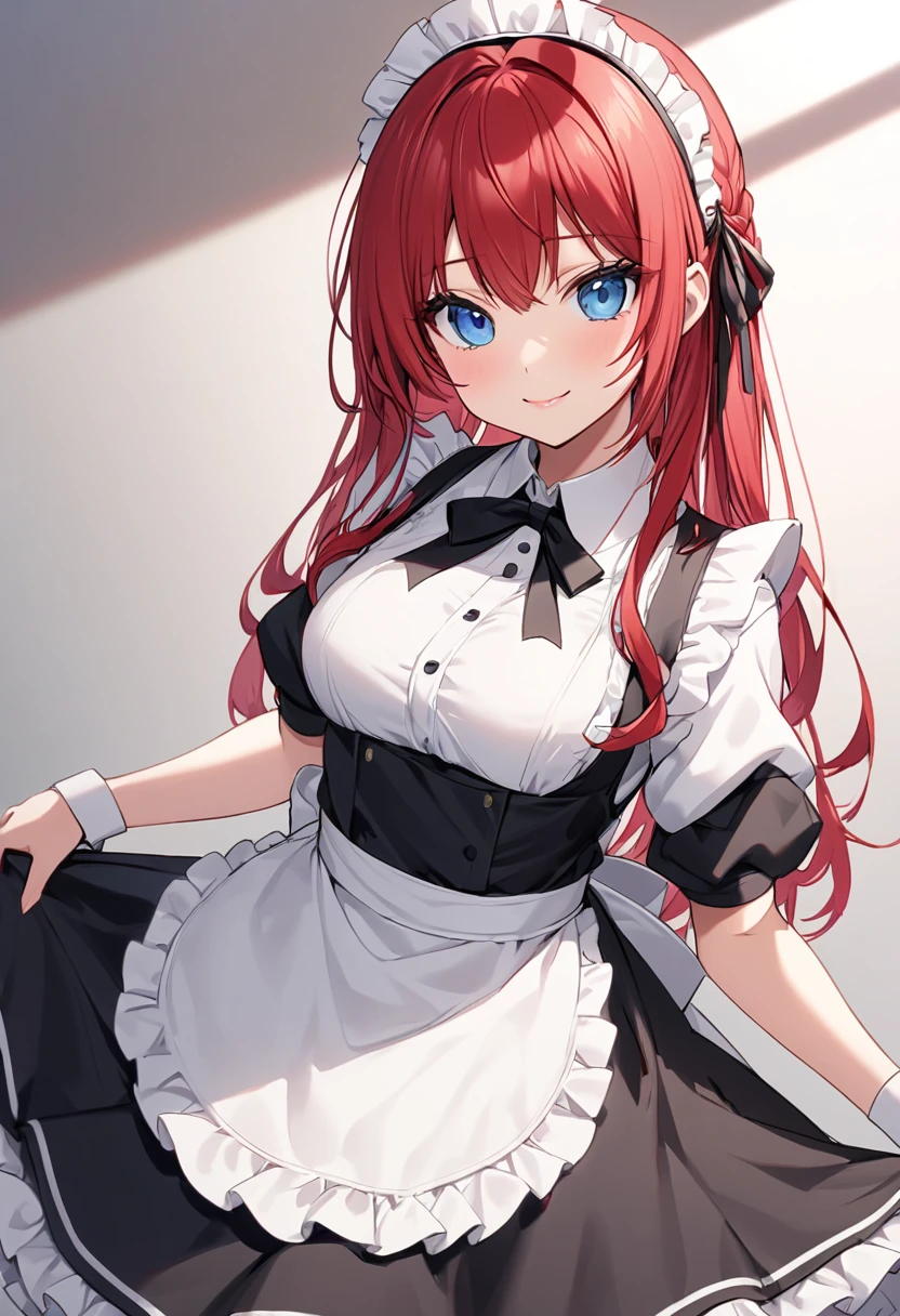 best quality, masterpiece, highres, solo, {maid:1.40}, {long maid dress:1.15}, {san_diego_azurlane:1.15}, red_hair, blue_eyes, twintails, long_hair, ahoge, blush, breasts, open_mouth, bangs, smile, hair_ornament, necktie, large_breasts, cleavage