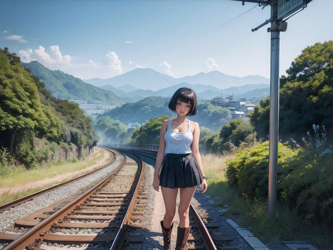 There is a beautiful 1girl standing on the train tracks, train signals, landscape artwork, anime background art, loepfe art, detailed scenery, landscape art detailed, loepfe art style, beautiful anime landscape, made with anime painter studio, background artwork, anime country landscape, Studio ghibli kyoto animation hideaki anno Sakimichan Stanley Artgerm Lau Rossdraws James Jean Marc Simonetti, beautiful art UHD 4 K, anime art wallpaper 8 K, anime landscape, smiling at camera, tank top, mini skirt, boots, short hair, very busty