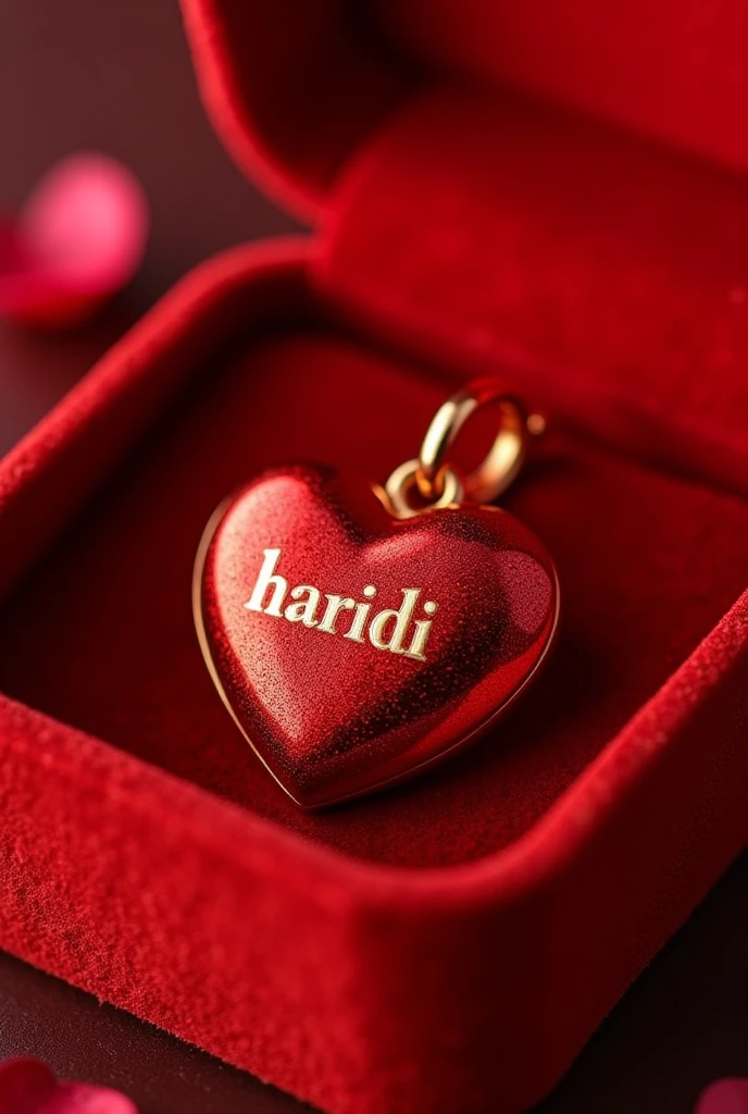 Create a shiny and sparkling red heart-shaped pendant image with a shiny gold coating., personalized with name "HARIADI" engraved in the middle. The pendant is attached to a simple and elegant loop and is presented in a red open gift box with a glossy textured bright red exterior and a plush interior that matches the color of the box..