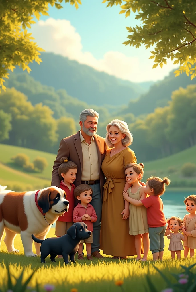 family,ADULT MOM AND DAD, PLUS 4 WOMEN OF 30 YEARS OLD AND MANY CHILDREN , ALL TOGETHER LOOKING FORWARD IN A PARK,PLUS 2 SAINT BEARD DOGS AND A SMALL BLACK PIXAR STYLE DOG