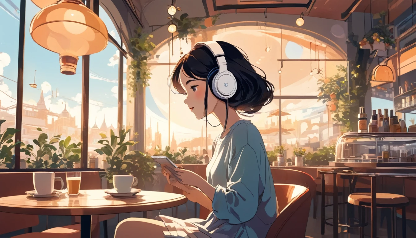 Woman listening to music in cafe、, Wide-angle lens, Luo Fei animation, Luo Fei illustrations, aesthetic atmosphere, lo-fi style, vector art, Graphic design, simple shapes, Warm colors, pleasant atmosphere, chill, anime style, digital drawing, vector art, Vector logo for t-shirt printing, (Cute:1.5), (small:1.4), (A playful:1.2), (soft:1.3), (whimsical:1.1), masterpiece, best quality, 8k, intricate details, growth, Heavenly, mystery, Like a painting, Amazing, majestic, magic, fantasy art, Cover Art, like a dream