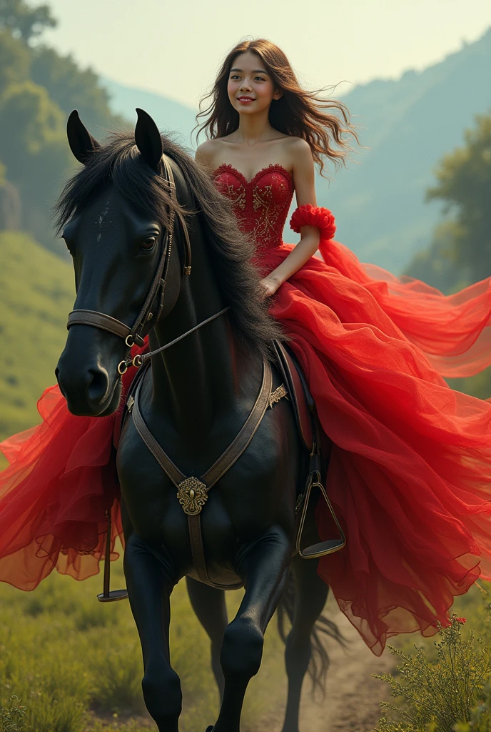 Image of a teenage girl with very long brown hair wearing a red princess dress riding a black shaggy horse