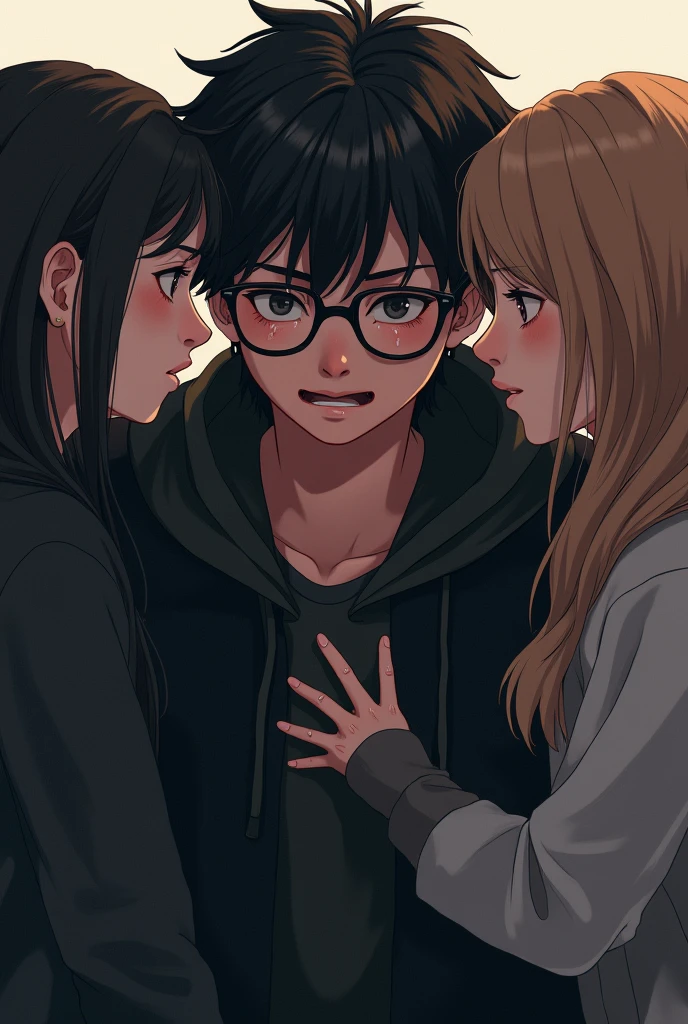 Create an illustration of a ager with glasses dressed in black crying because he couldn't say goodbye to his friend and sheds tears while two girls are comforting him.