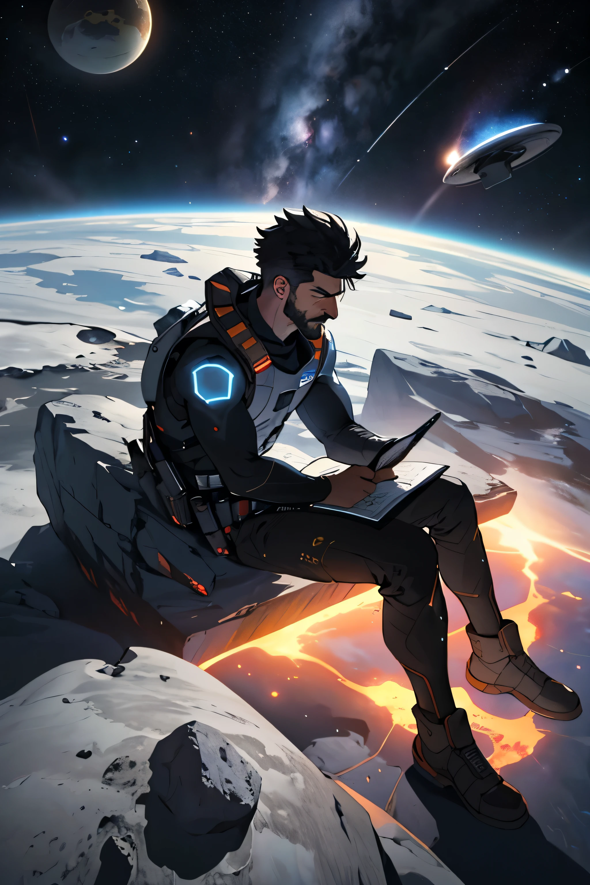 Drawing a young programmer, Sitting on a floating research platform in the middle of an asteroid belt. He is studying using a notebook, Surrounded by several asteroids that emit a fiery aura. Dramatic light from distant stars and planets illuminates the scene, Cast a deep shadow on the suit. Young people seem confident and determined, Gaze with wonder and reverence at the vast and mysterious universe,Facial hair, Cowboy Shot,