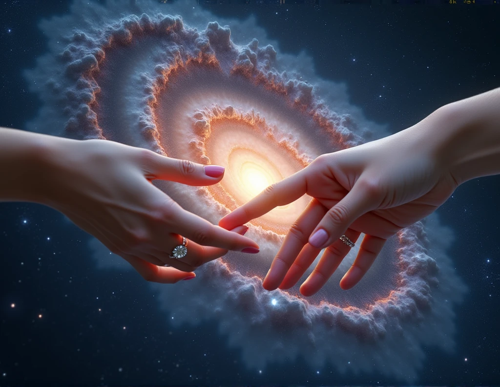 A delicate pair of Japanese women's hands, each with a diamond wedding ring on the ring finger, reaching towards each other, fingertips almost touching, against the backdrop of a breathtaking spiral galaxy, photorealistic, (best quality,8k,highres,masterpiece:1.2),ultra-detailed,(realistic,photorealistic,photo-realistic:1.37),HDR,UHD,studio lighting,ultra-fine painting,sharp focus,physically-based rendering,extreme detail description,professional,vivid colors,bokeh,space,cosmos,celestial,dynamic composition,intricate details,porcelain skin,elegant,graceful,serene