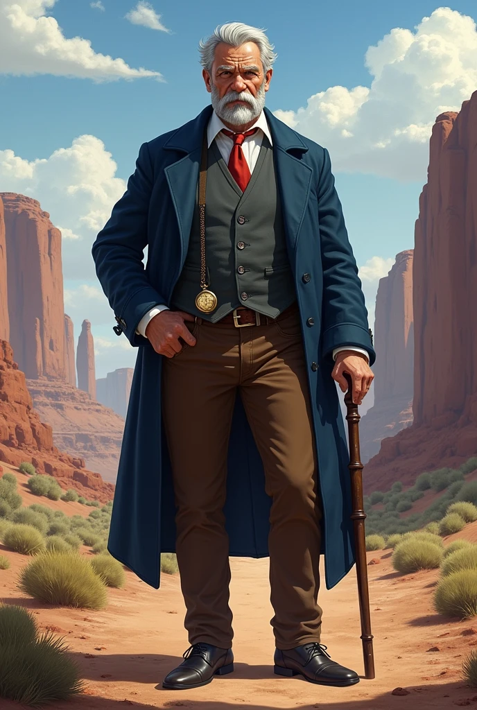 I would like a old good looking man, with gray hair and beard. His short beard consists of just a mustache and the sides. He looks wise and powerful. He dresses elegantly, wearing a navy blue overcoat, a vest, and a dress shirt. He has a watch hanging, brown pants, boots, and holds a cane. I would like him to have a mature style and for the art to be in a fantasy RPG style set in the Old West.