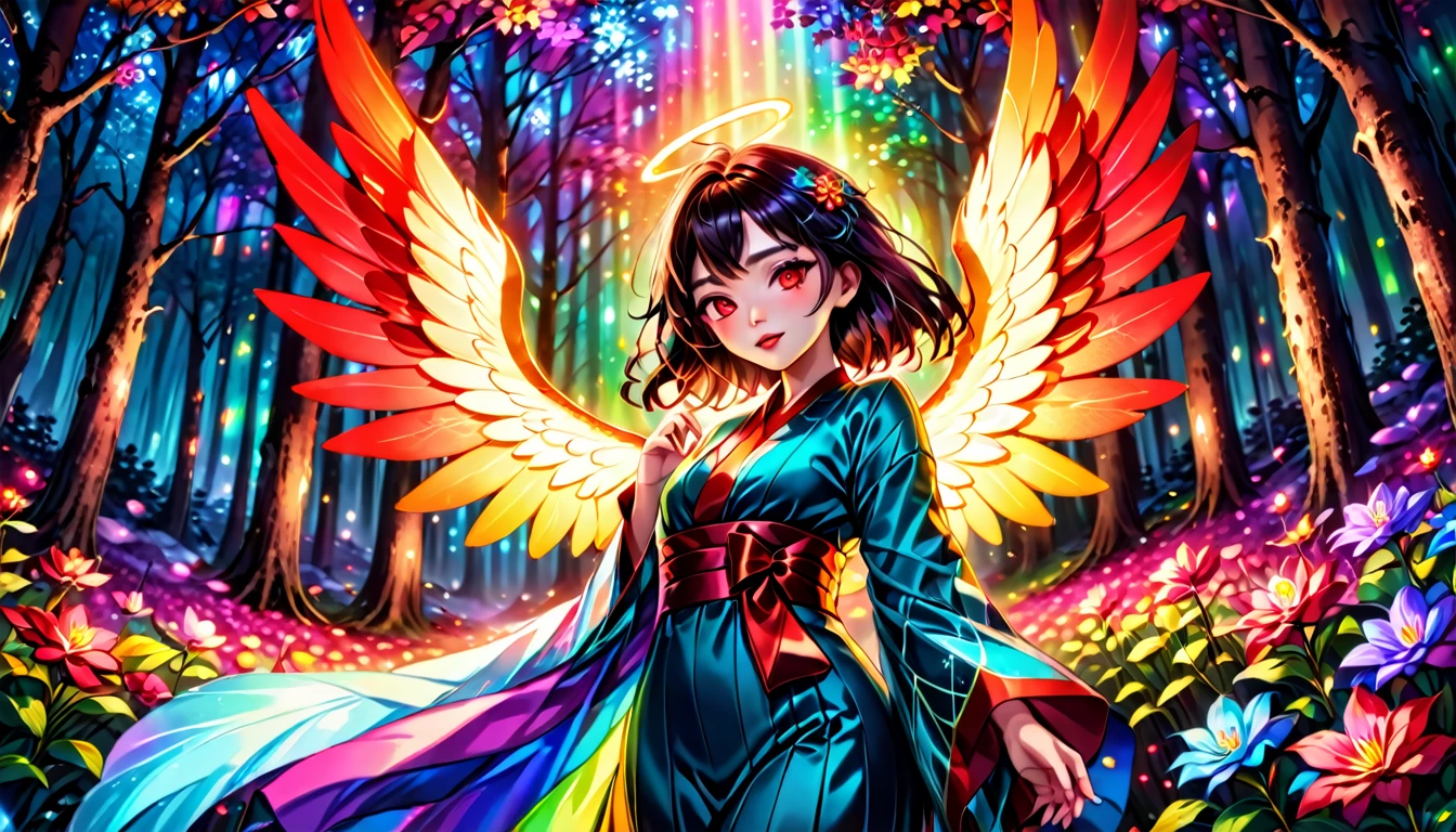 (Ethereal, fluorescent colors, neon lights, bioluminiscent skin,), aurora_borealis, vibrant colors BREAK steampunk BREAK full body, 3d render BREAK, (masterpiece), best quality, highres, 4k, 8k, cinematic lighting, amazing quality, amazing shading, soft lighting, light particles floating, eerie aura, chromatic aberration, colorful forest lights during starry night time, oily skin, dynamic angle, colorful glowing flowers, night, hair ornament, wearing kimono, flower field, 1girl, Long layers, blood-red eyes, blood-red lipstick, dark makeup, black hair, blushing face, large faerie wings, intricate detail, extremely detailed, Illustration, official artwork, anime style, wallpaper, official art, 35mm, analog style, a realistic photo, film grain, (photorealistic:0.6), taken by a canon eos r5, ultra detailed skin, ultra detailed face, perfect eyes, small skin imperfections, chromatic aberration, colorful, bright colors, magma angel
