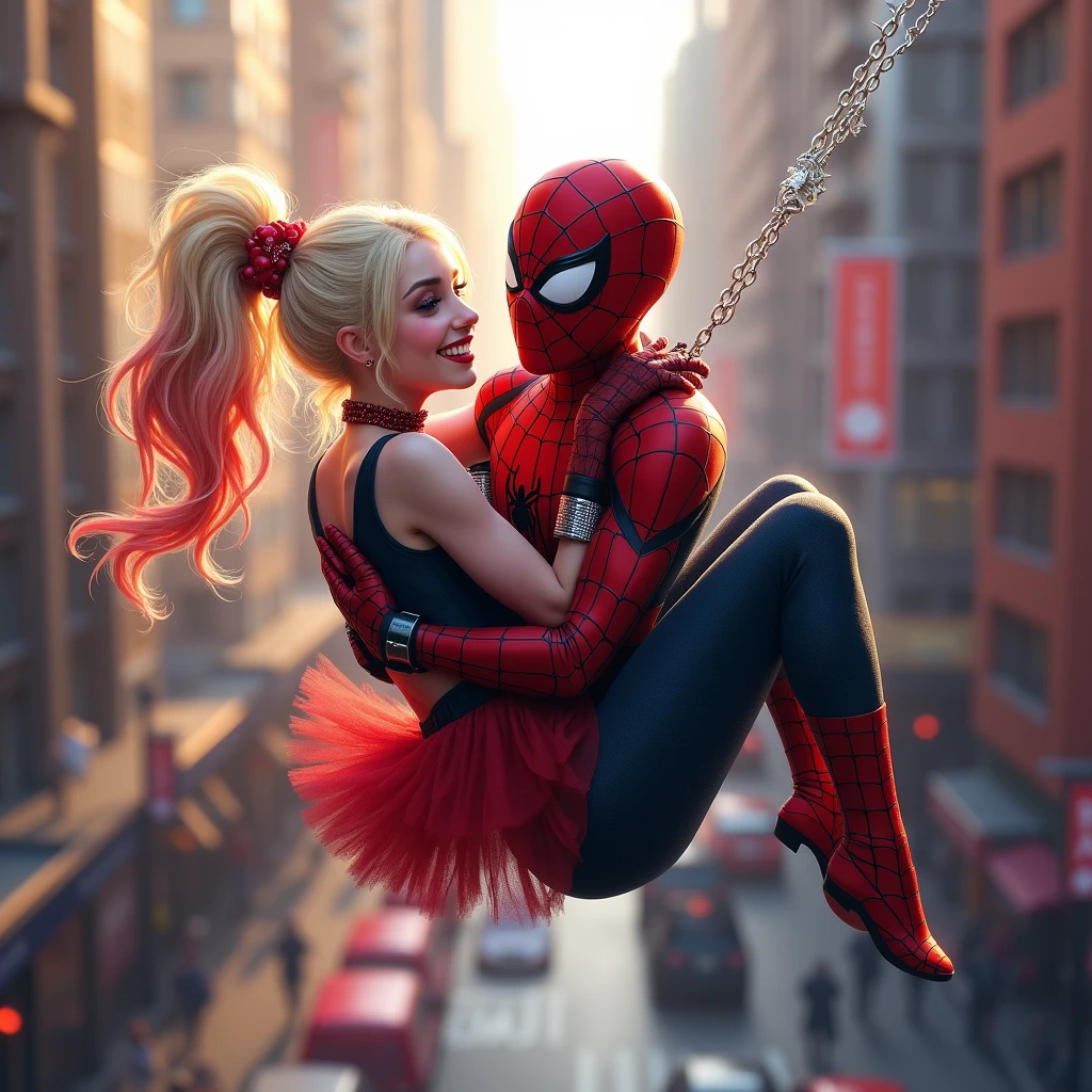 Harley Quinn clings tightly to Spider-Man as they swing together through the city, her pigtails and red dress flowing in the wind. Spider-Man looks back at her with a smile, and they both seem carefree and happy."