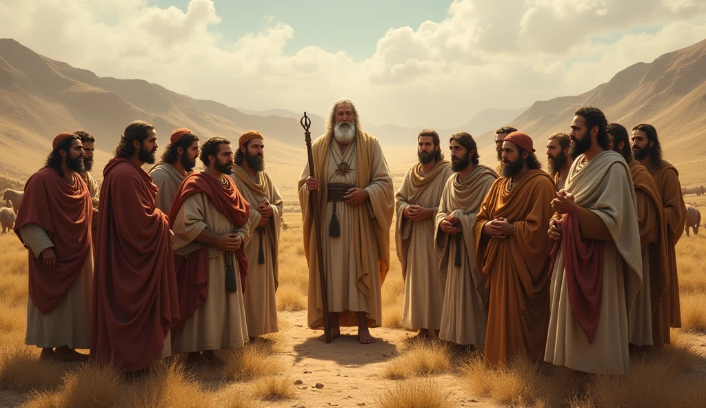 The scene shows the beginning of the lineage of the Children of Israel, where Jacob (Israel) appears with his twelve sons.