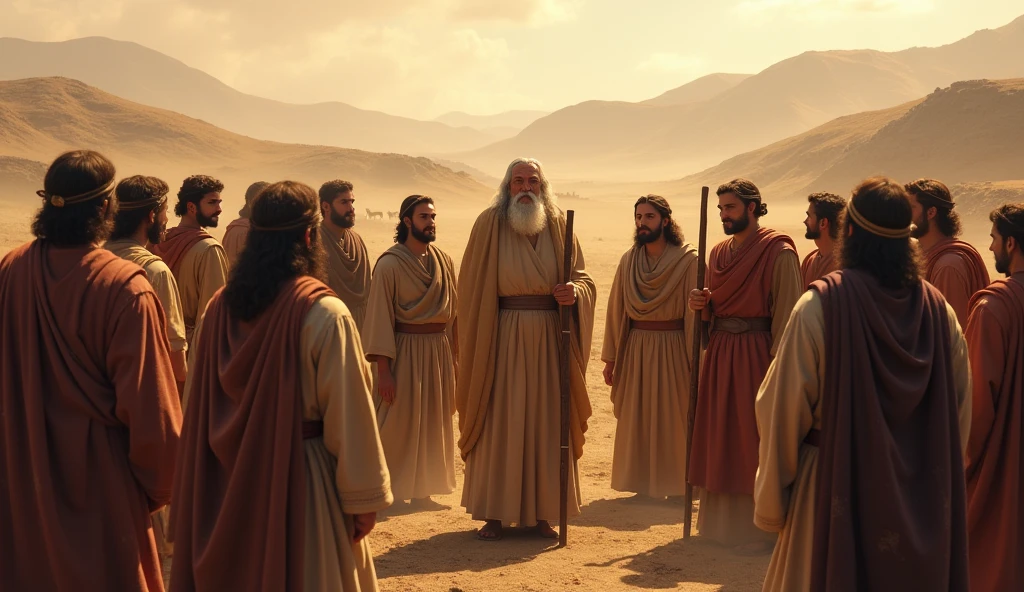 The scene shows the beginning of the lineage of the Children of Israel, where Jacob (Israel) appears with his twelve sons. 