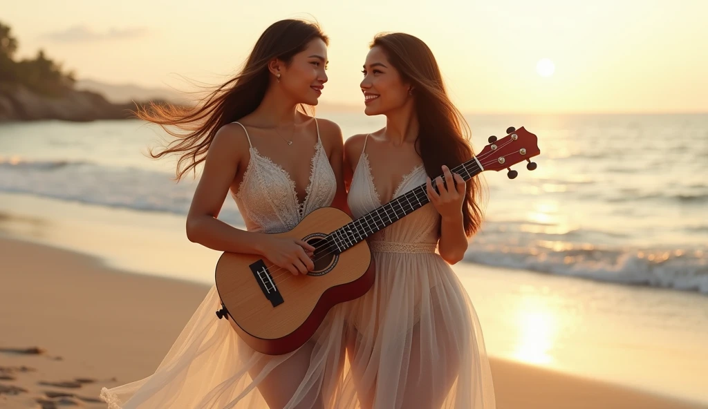 (photorealism:1:2), Create an image of a 2 Filipina woman, 5'4" tall, with an hourglass body shape and curvy breasts, sitting alone on the beach, writing a song in a notebook. She has long, thick hair flowing in the breeze, a pointy nose, a round chin, and a V-shaped face. She is wearing a bikini with a sheer, transparent dress over it. The setting is a tropical beach during a beautiful day, with soft golden sand, gentle waves in the background, and palm trees swaying. A ukulele is placed beside her on the sand. The woman is looking directly at the camera with a warm, friendly smile, capturing the serene and joyful beach atmosphere as she writes her song