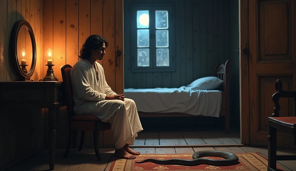 Man in dhoti kurta, sitting on a chair in front of a table, Mirror on the table, wearing a white kurta, white dhoti, man black hair, inside a dark rented old wooden room, only a candle light, wooden walls, first floor room, night time, open window with moonlight, bed with white sheet and pillow on, sitting pose, scared, a cobra in front of him on the floor, scared sitting on a chair, realistic, intricate details, warm colors