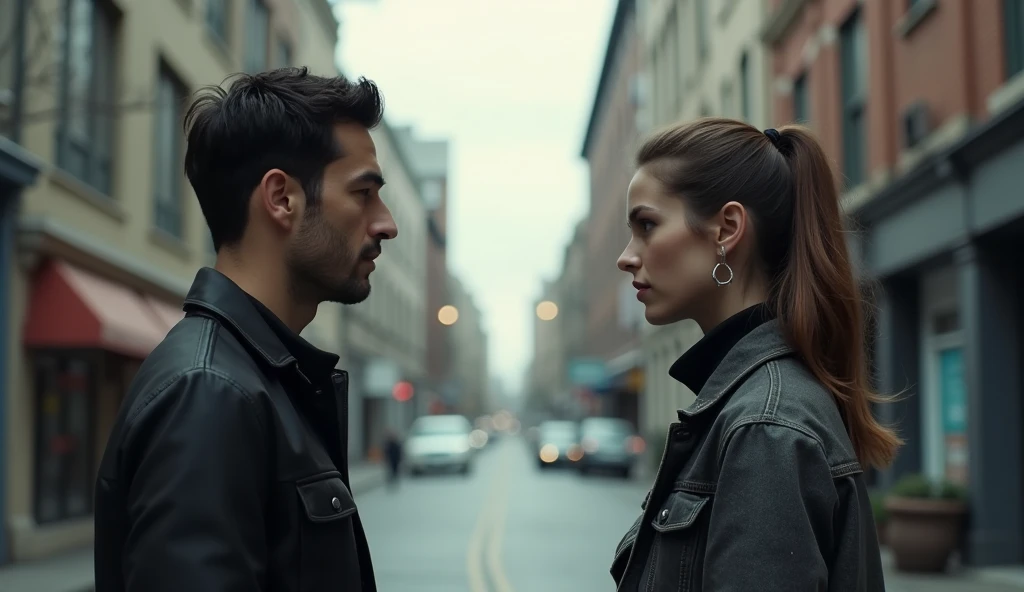 "Two individuals facing each other with calm expressions, in a tense but respectful stance, with a city street in the background, illustrating restraint and patience over retaliation, ar 16:9"
