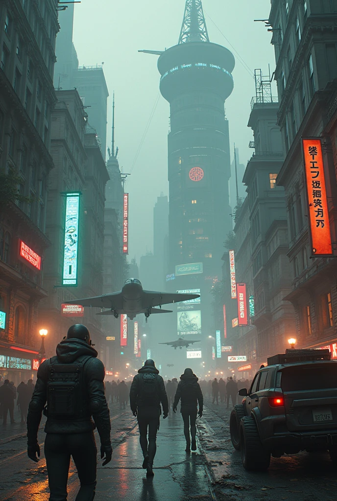 Dystopia Russian city futuristic lying cars, cyborgs spaceships