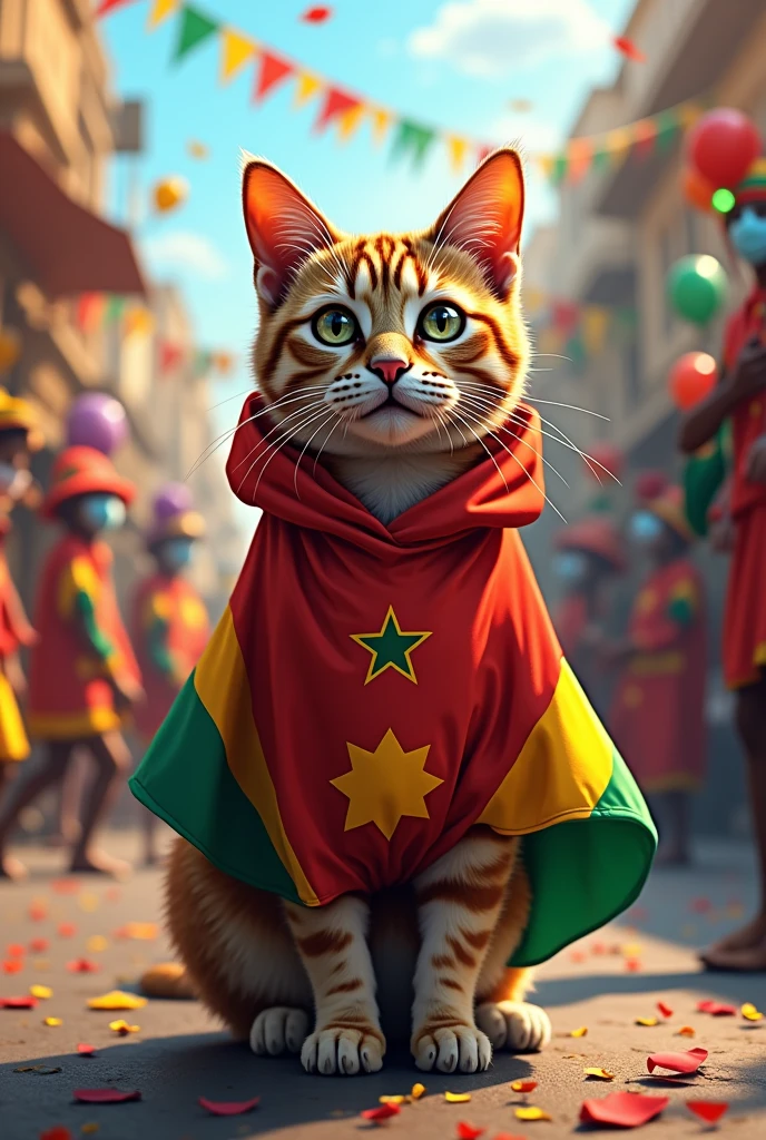 a cat dressing up with the ESTAWATINI flag IN A CARNIVAL