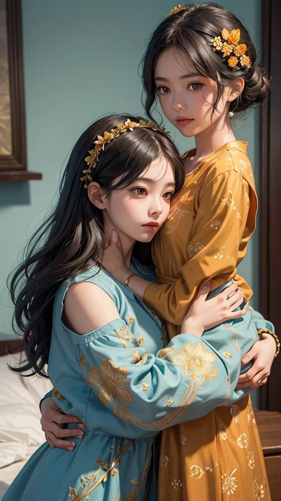 Create an adorable, stylized 3D illustration of a young boy and girl standing close to each other in a loving embrace. The boy has short, neatly combed dark hair and is wearing a stylish blue overcoat with gold buttons over a cream-colored shirt and teal pants, complete with white sneakers. The girl has long, wavy dark hair adorned with a floral hair accessory, and she is wearing a traditional orange and gold embroidered dress with intricate patterns along the hem. They are gazing into each other's eyes with affection, with the boy gently holding the girl's chin. The background should be minimal and dark, focusing on the warmth and love between the two characters. The overall aesthetic should be charming, with a blend of modern and traditional elements."