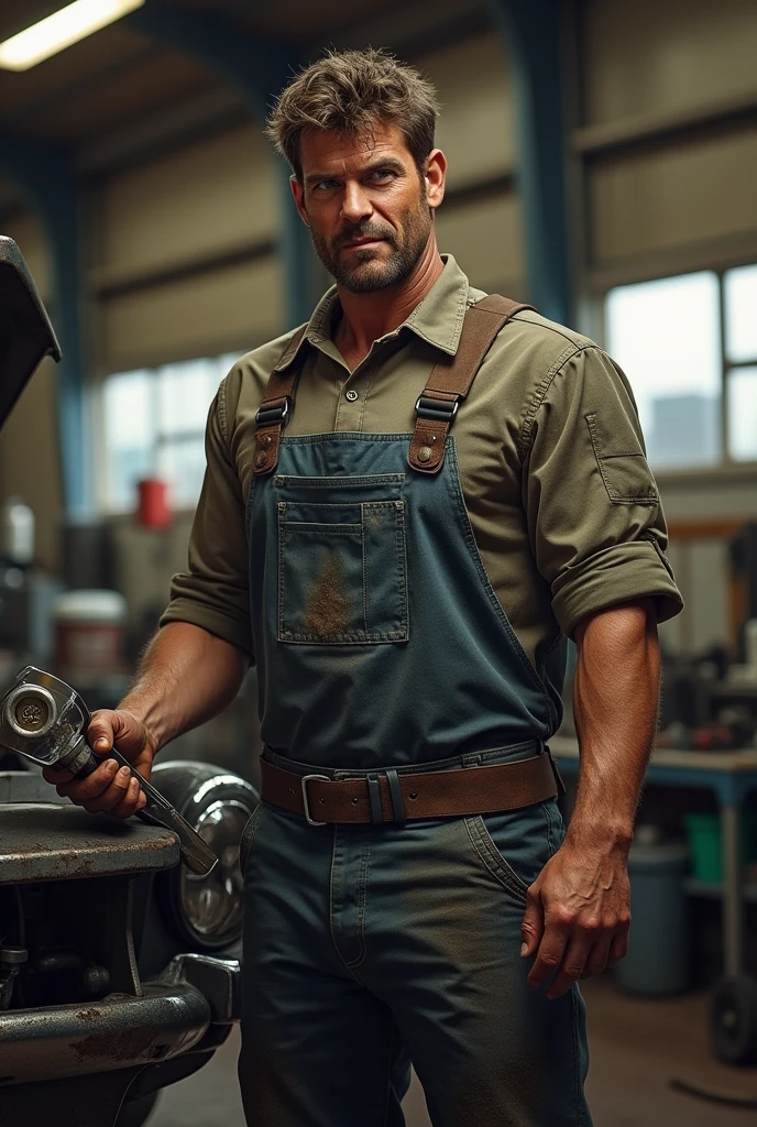 He is a 2 a Dressed in a motor mechanic outfit with a tab in hand strong, muscular build and slightly greasy, tousled short hair. They wear a well-worn hat, durable work shirt with rolled-up sleeves, grease-stained overalls and heavy-duty work boots. Their hands are often smeared with oil, and they have a custom engraved key in their back pocket. Their sharp eyes and confident demeanor reflect their deep knowledge and passion for cars. Like a real image