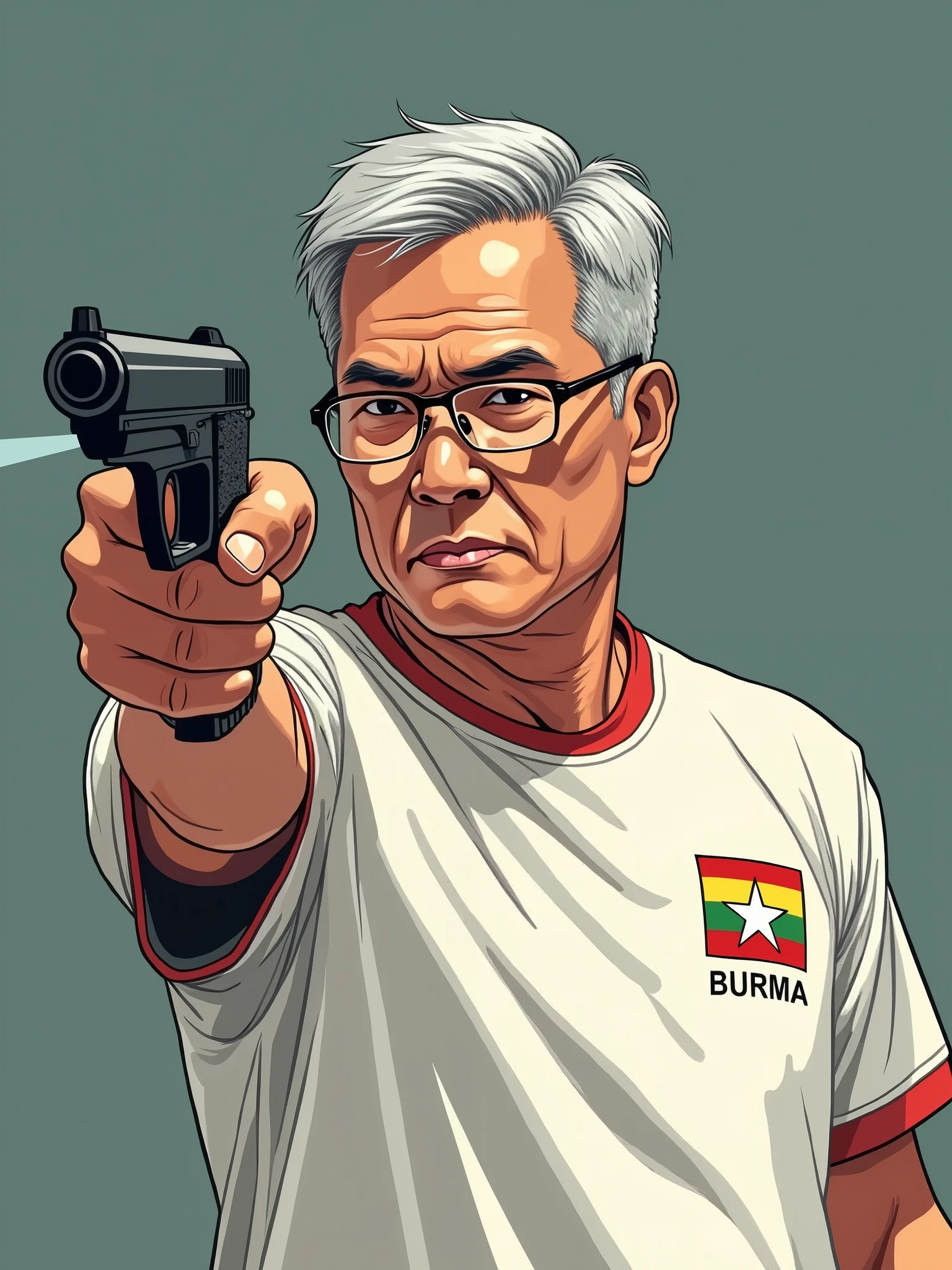 “Vector t-shirt design in manga style featuring a Myanmar man, approximately 3, with gray hair, in a target shooting pose. He is wielding an ‘Air Pistol 10 meters’ in his right hand, extending his arm with focus and precision. The man is wearing a white jersey with a casual design, featuring the Burma logo and a Myanmar flag. He is also wearing prescription glasses. The image captures him in a mid-shot, emphasizing his determined expression and posture. The design should be in an anime art style, with enhanced details to bring out the intricacies of his pose, attire, and the overall scene, creating a dynamic and visually engaging t-shirt design