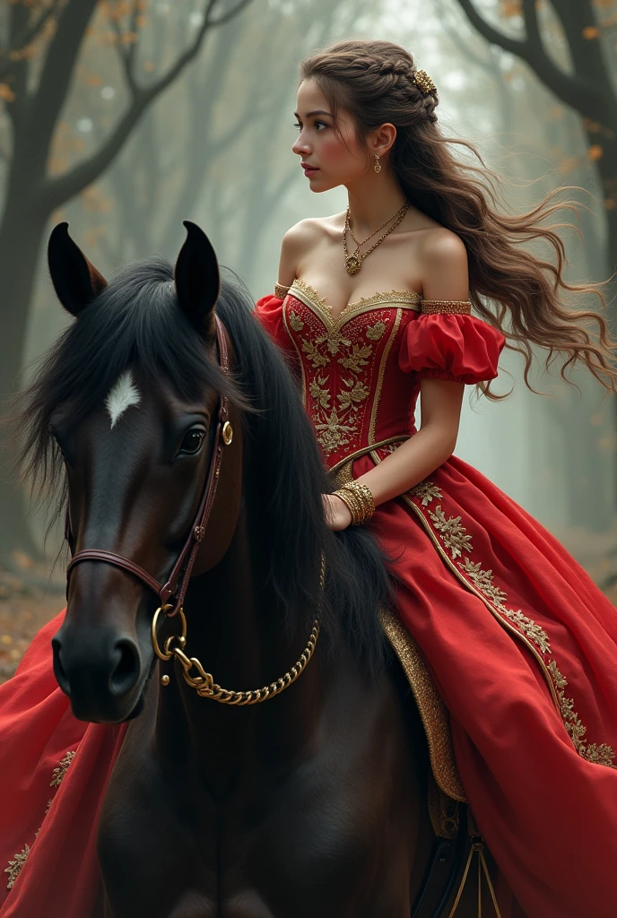 Image of a age girl with brown ponytail-length hair wearing a red princess dress riding a black shag horse