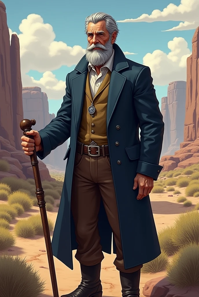 I would like a old good looking man, with gray hair and beard. His short beard consists of just a mustache and the sides. He looks wise and powerful. He dresses elegantly, wearing a navy blue overcoat, a vest, and a dress shirt. He has a watch hanging, brown pants, boots, and holds a cane. I would like him to have a mature style and for the art to be in a fantasy RPG style set in the Old West.