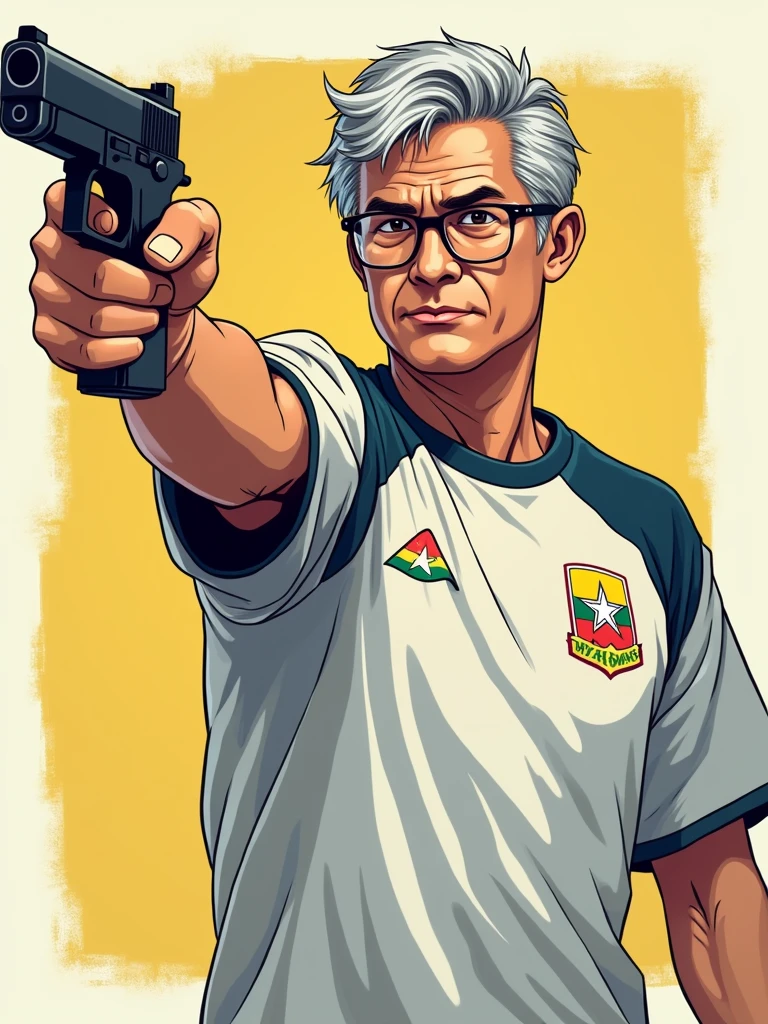 “Vector t-shirt design in manga style featuring a Myanmar man, approximately 3, with gray hair, in a target shooting pose. He is wielding an ‘Air Pistol 10 meters’ in his right hand, extending his arm with focus and precision. The man is wearing a white jersey with a casual design, featuring the Burma logo and a Myanmar flag. He is also wearing prescription glasses. The image captures him in a mid-shot, emphasizing his determined expression and posture. The design should be in an anime art style, with enhanced details to bring out the intricacies of his pose, attire, and the overall scene, creating a dynamic and visually engaging t-shirt design