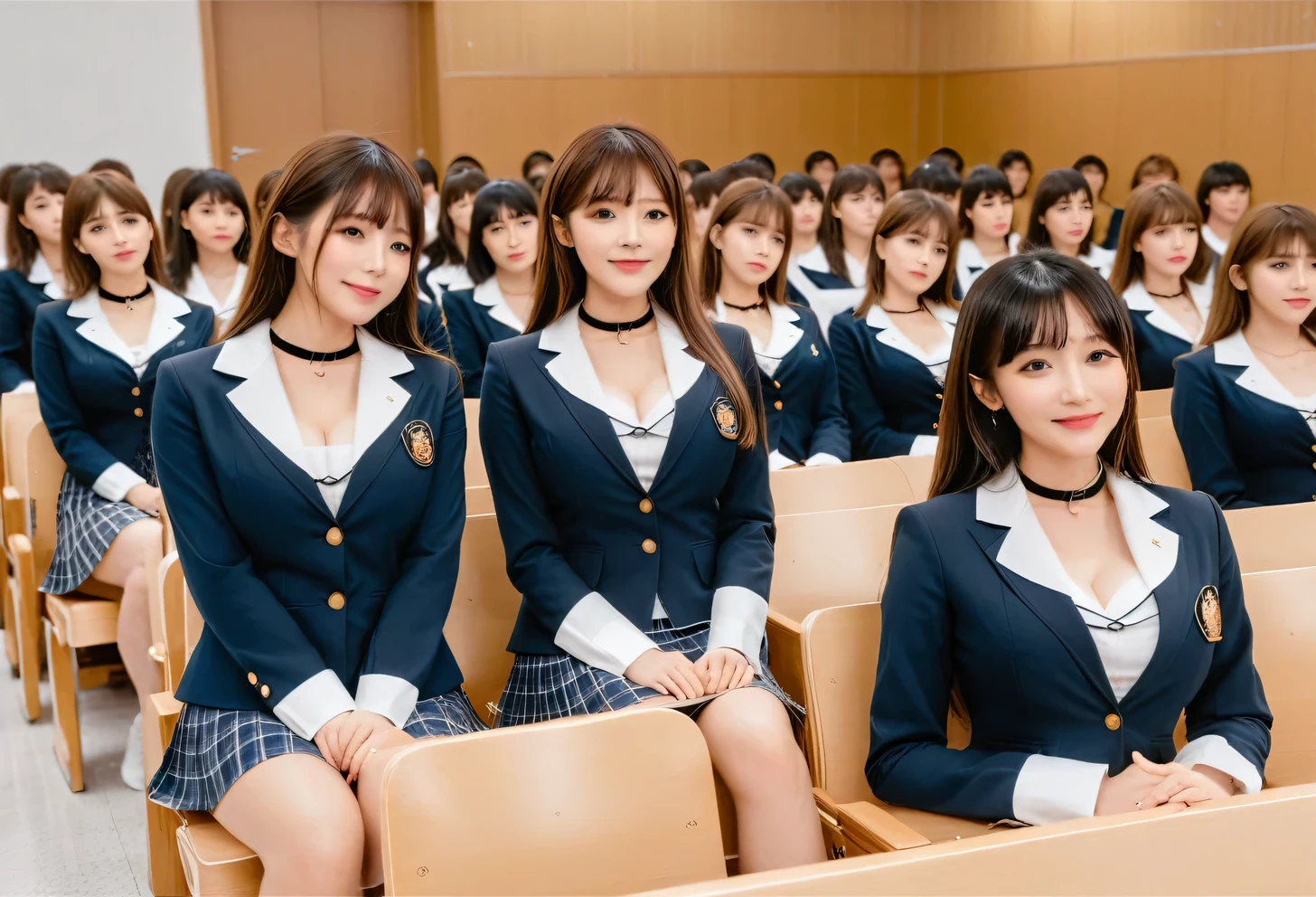 score_9, score_8, score_8up, score_7, Highest quality、masterpiece, group、((White tight collared shirt, blazer、mini skirt, uniform,)), Large Breasts, ((Layered Haircut)), Slim body, Slim face（8k，Highest quality），Shot from medium distances，lecture hall,  Adorable， smile， Long brown hair， 32K, masterpiece， Best image quality，Ultra-high resolution，Perfect hands，Black choker、Almond Eye、bangs、Very thick and long eyelashes, ((Big Breasts))、Students listening to a lecture、A dreamy look、Natural Makeup、They are sitting side by side taking a class
