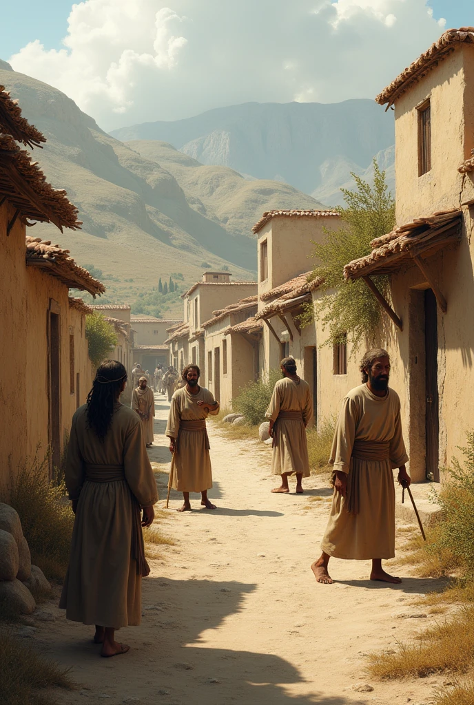 cities with low houses at the time of Jesus in Galilee, with people working in groups , very poor