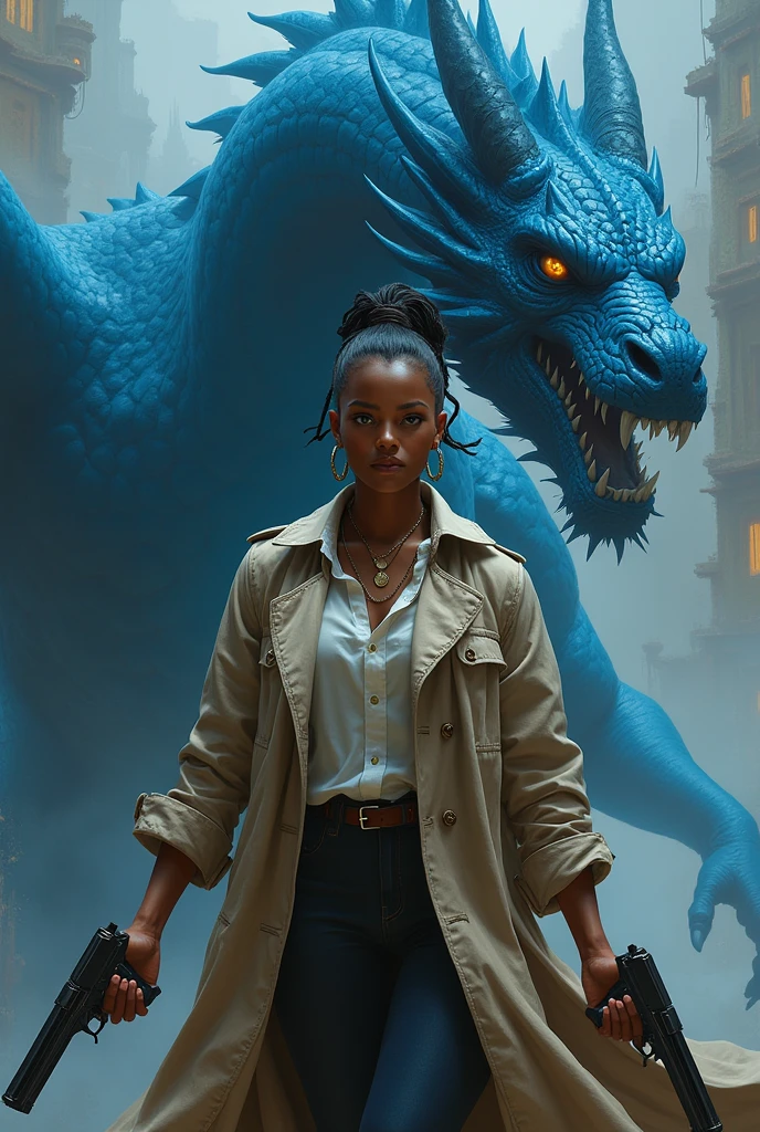 african woman,trench coats,pistols,blue Dragon