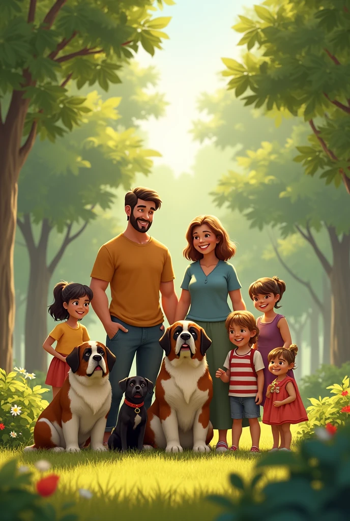 family,ADULT MOM AND DAD, PLUS 4 WOMEN AND MANY CHILDREN , ALL TOGETHER LOOKING FORWARD IN A PARK,PLUS 2 SAINT BEARD DOGS AND A SMALL BLACK PIXAR STYLE DOG