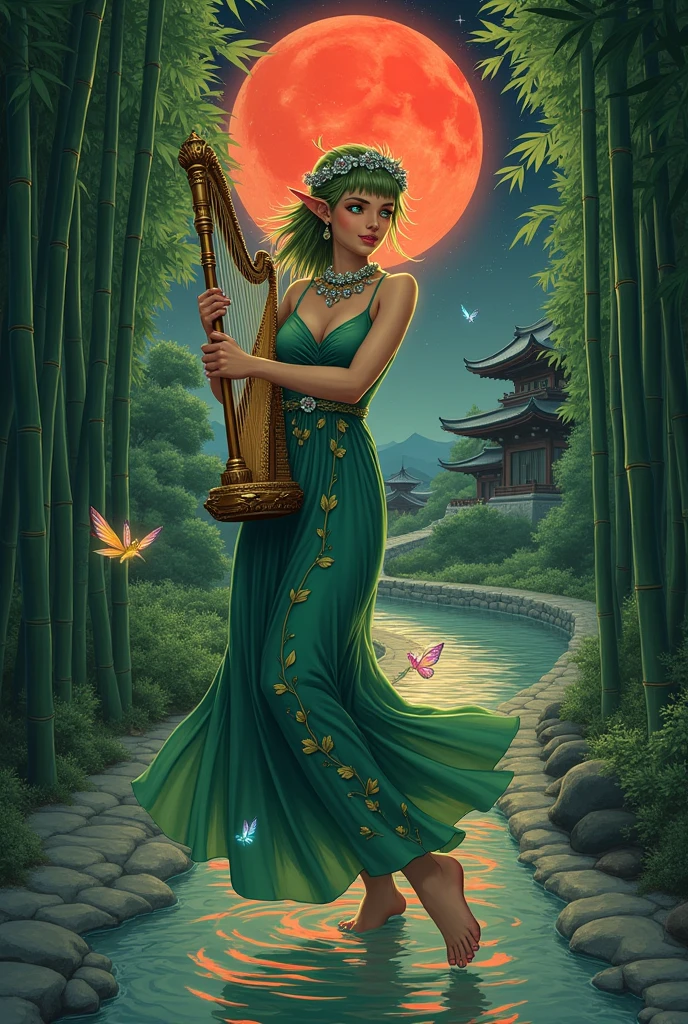 (Ultra-detailed face, looking away, Fantasy Illustration with Gothic, Ukiyo-e, Comic Art, Rich colors),
BREAK
(The bamboo fairy, in the form of an elf, plays a harp and sings as she flits about in a daring pose, gracefully swimming through the bamboo grove. Glittering fairies flit about her, leaving a rainbow-colored trail.),
BREAK
(This is a high, neatly-grown road with bamboo groves on both sides that leads to a Japanese-style shrine. The red moon at midnight illuminates the area, creating a magical atmosphere.),
BREAK
(Elves: The bamboo elf is a young elf woman with young grass-colored hair, blunt bangs, waist-length long messy hair, pale skin, and green eyes.),
BREAK
(Elves: The bamboo elf in elven form wears a tiara of silver branches and leaves, a necklace of berries and flowers, a very long draped dress of deep green organdie embroidered with a bamboo leaf pattern in yellow thread, and bare feet.) Change girl to lord Saraswati with Harp playing and crown wearing and a traditional saree