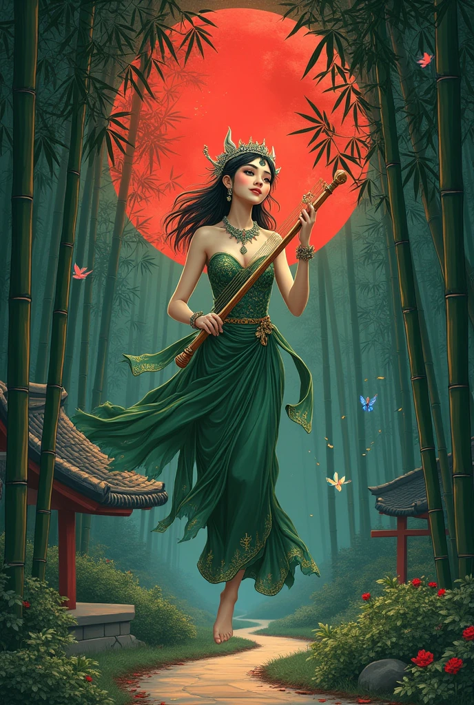 (Ultra-detailed face, looking away, Fantasy Illustration with Gothic, Ukiyo-e, Comic Art, Rich colors),
BREAK
(The bamboo fairy, in the form of an elf, plays a harp and sings as she flits about in a daring pose, gracefully swimming through the bamboo grove. Glittering fairies flit about her, leaving a rainbow-colored trail.),
BREAK
(This is a high, neatly-grown road with bamboo groves on both sides that leads to a Japanese-style shrine. The red moon at midnight illuminates the area, creating a magical atmosphere.),
BREAK
(Elves: The bamboo elf is a young elf woman with young grass-colored hair, blunt bangs, waist-length long messy hair, pale skin, and green eyes.),
BREAK
(Elves: The bamboo elf in elven form wears a tiara of silver branches and leaves, a necklace of berries and flowers, a very long draped dress of deep green organdie embroidered with a bamboo leaf pattern in yellow thread, and bare feet.) Change girl to lord Saraswati with Harp playing and crown wearing and a traditional saree
