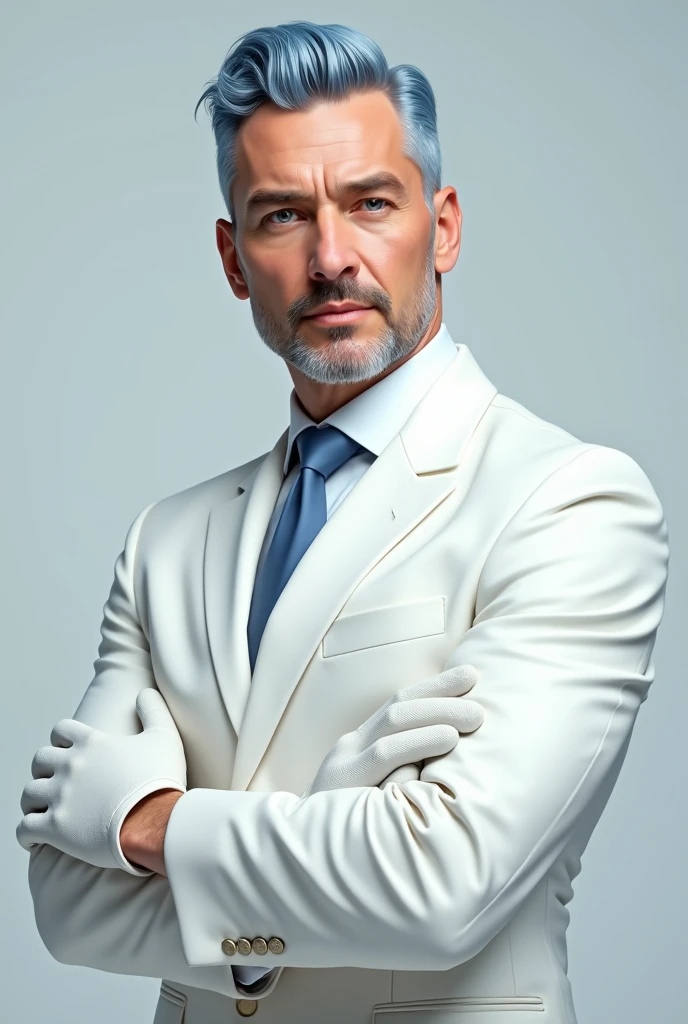 ((master part:1.2, best quality)), 4k, 1 man, adult, mature, Handsome, short  blue hair, forehead, white suit, portrait, Extremely detailed face, defined body, light blue eyes, white hair, white gloves (Muscle:1.4, broad shoulders:1.4, disciplined body)