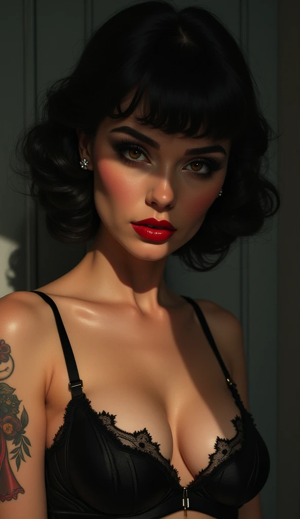 there is a woman with a tattoo on her arm and a red lipstick, martin ansin artwork portrait, stunning digital illustration, artstyle tom bagshaw, pinup art, stunning artwork, illustration art, by Galen Dara, artgerm and tom bagshaw, tom bagshaw style, rob rey and kentarõ miura style, art tom bagshaw, a ((film noir)) portrait painting of looking at the camera with a subtle smile, she is wearing red lipstick and small black earrings and has bare shoulders and ((Luxury Burlesque Illusion, Tassels Pasties breasts)), shaft of light, cowboy shot, by Gediminas Pranckevicius, Jean Giraud, Russ Mills, Carne Griffiths.