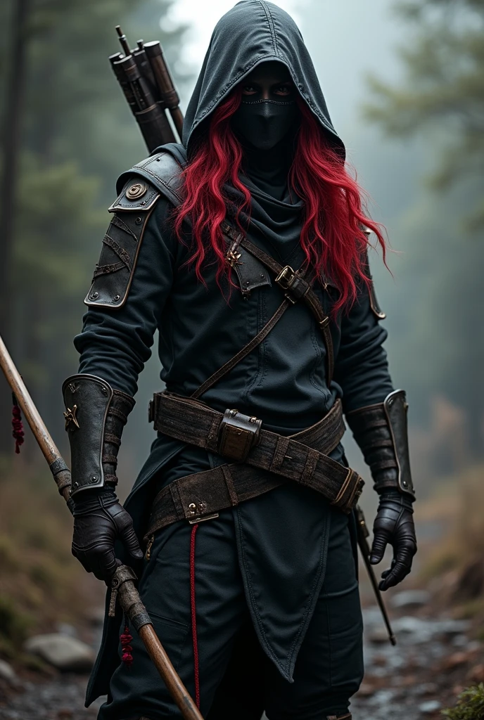 A character with voluminous hair with some lush red highlights, wearing a hood and mask that covers only the lower part of the face in a post-apocalyptic setting, inspired by the game 7 Days to Die. She is equipped with mid-range stealth armor., matching a ninja look with black colors and some ripped parts. The character is holding a bow, with a knife attached to his waist. The atmosphere is tense, in low light, focusing on shadows and contrasts to highlight the character's stealth. The color palette should be very dark., with shades of gray, black and dark red predominating, reflecting the hostile environment.